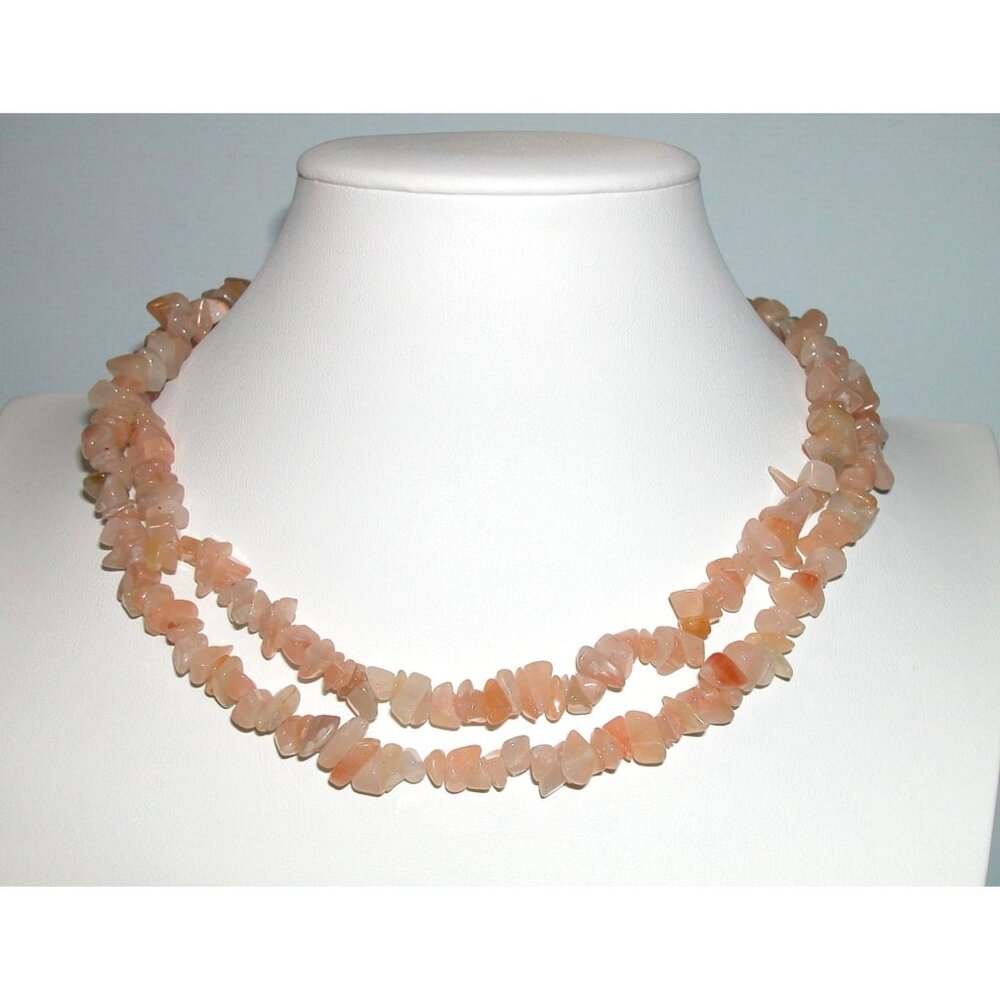 Peach Moonstone Chip Beaded Necklace 32 inches, One Strand Handmade no clasp